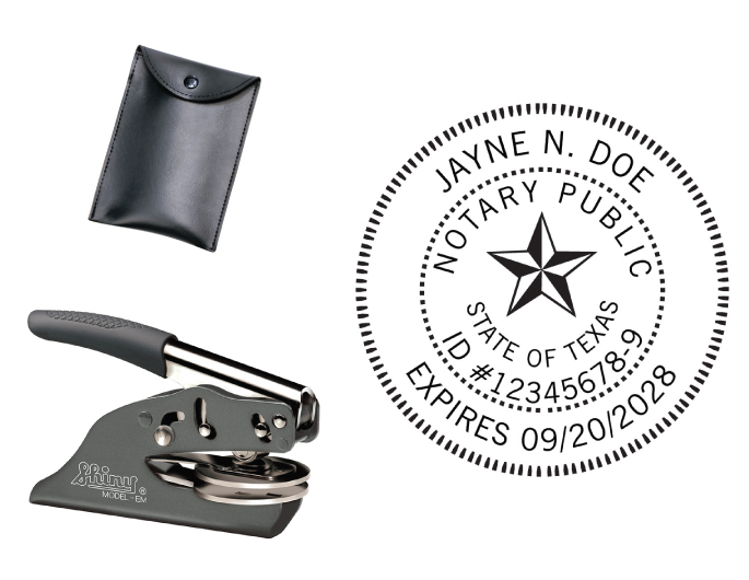 Texas Notary embossing seal. All metal frame and laser engraved dies.  Quick turnaround time.