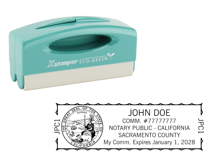 California notary pocket stamp.  Complies to California notary requirements. Premium quality and thousands of initial impressions. Quick Production!