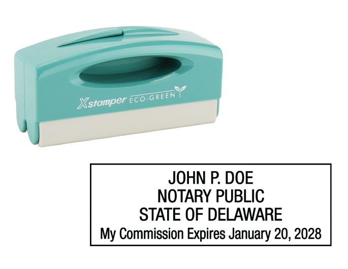 Delaware notary pocket stamp.  Complies to Delaware notary requirements. Premium quality and thousands of initial impressions. Quick Production!