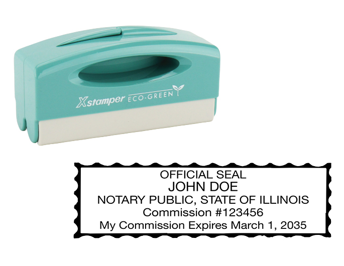 Illinois notary pocket stamp.  Complies to Illinois notary requirements. Premium quality and thousands of initial impressions. Quick Production!