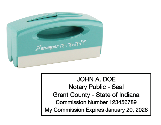 Indiana notary pocket stamp.  Complies to Indiana notary requirements. Premium quality and thousands of initial impressions. Quick Production!