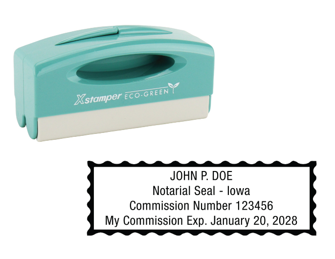 Iowa notary pocket stamp.  Complies to Iowa notary requirements. Premium quality and thousands of initial impressions. Quick Production!