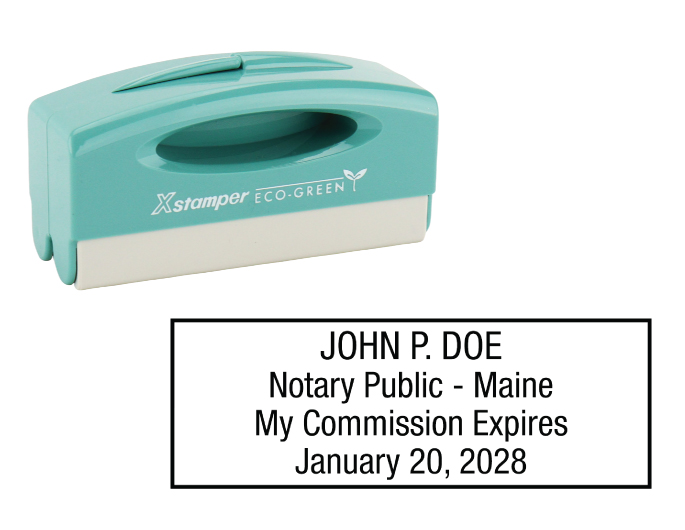 Maine notary pocket stamp.  Complies to Maine notary requirements. Premium quality and thousands of initial impressions. Quick Production!