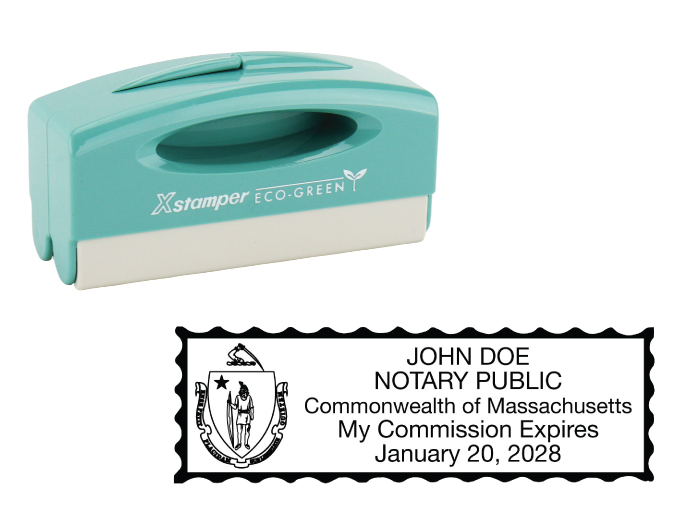 Massachusetts notary pocket stamp.  Complies to Massachusetts notary requirements. Premium quality and thousands of initial impressions. Quick Production!