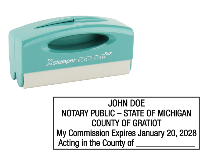 Michigan notary pocket stamp.  Complies to Michigan notary requirements. Premium quality and thousands of initial impressions. Quick Production!