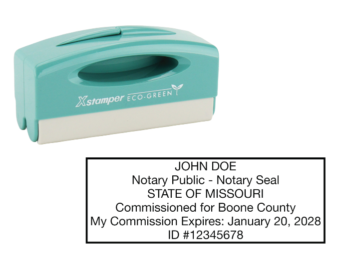 Missouri notary pocket stamp.  Complies to Missouri notary requirements. Premium quality and thousands of initial impressions. Quick Production!