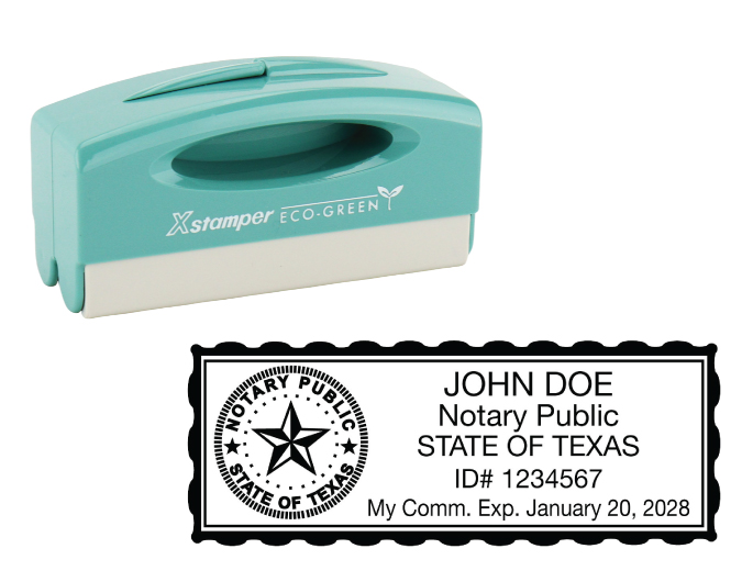 Texas notary pocket stamp.  Complies to Texas notary requirements. Premium quality and thousands of initial impressions. Quick Production!
