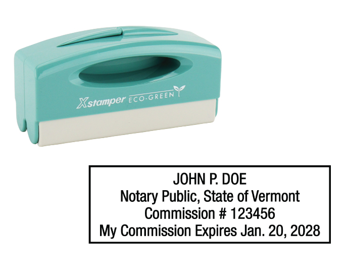 Vermont notary pocket stamp.  Complies to Vermont notary requirements. Premium quality and thousands of initial impressions. Quick Production!