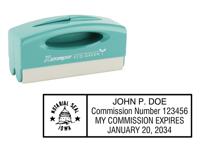 Iowa notary pocket stamp.  Complies to Iowa notary requirements. Premium quality and thousands of initial impressions. Quick Production!