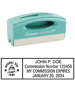 Iowa notary pocket stamp.  Complies to Iowa notary requirements. Premium quality and thousands of initial impressions. Quick Production!