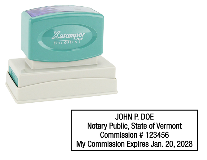 Vermont Notary Rubber Stamp - Complies to Vermont notary requirements. Premium Quality and thousands of initial impressions. Quick Production!