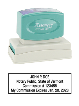 Vermont Notary Rubber Stamp - Complies to Vermont notary requirements. Premium Quality and thousands of initial impressions. Quick Production!