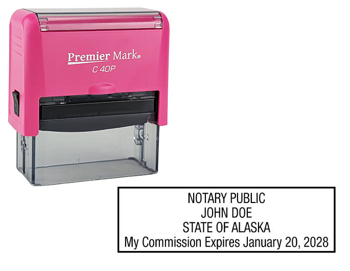 Alaska Pink Notary Rubber Stamp - Complies to Alaska notary requirements. Pink Stamp Frame. Premium Quality and thousands of initial impressions. Quick Production!