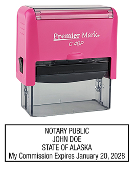 Alaska Pink Notary Rubber Stamp - Complies to Alaska notary requirements. Pink Stamp Frame. Premium Quality and thousands of initial impressions. Quick Production!