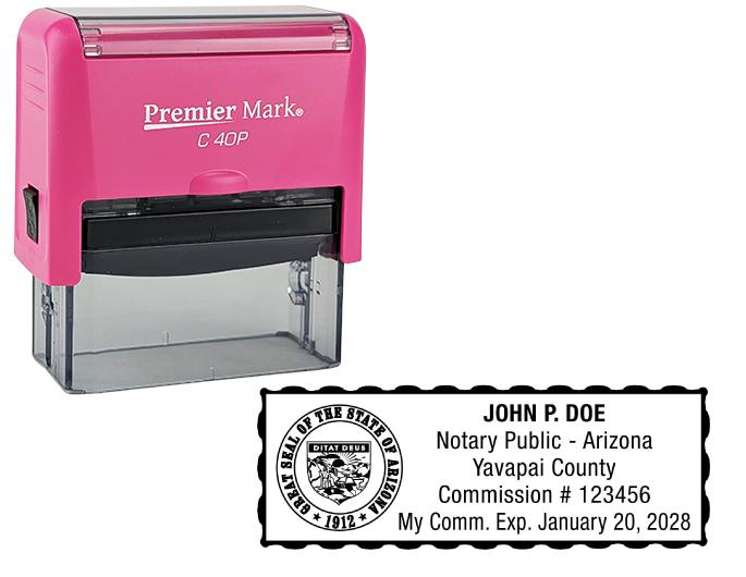 Arizona Pink Notary Rubber Stamp - Complies to Arizona notary requirements. Comes in attractive pink notary frame.  Premium Quality and thousands of initial impressions. Quick Production!