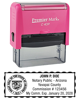 Arizona Pink Notary Rubber Stamp - Complies to Arizona notary requirements. Comes in attractive pink notary frame.  Premium Quality and thousands of initial impressions. Quick Production!