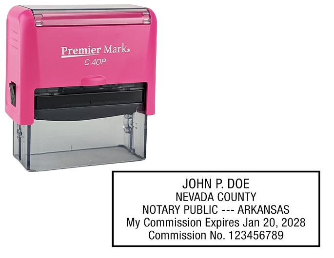 Arkansas Pink Notary Rubber Stamp - Complies to Arkansas notary requirements.  Comes in attractive pink stamp mount. Premium Quality and thousands of initial impressions. Quick Production!