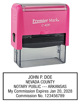 Arkansas Pink Notary Rubber Stamp - Complies to Arkansas notary requirements.  Comes in attractive pink stamp mount. Premium Quality and thousands of initial impressions. Quick Production!