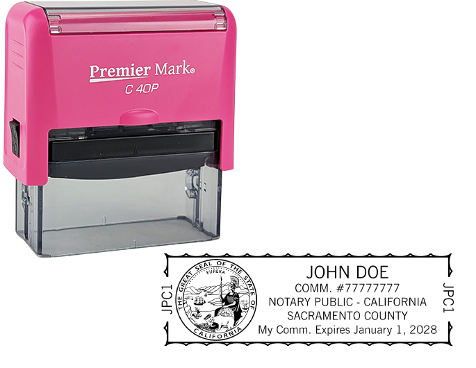 California Pink Notary Rubber Stamp - Complies to California notary requirements. Premium Quality and thousands of initial impressions. Quick Production!