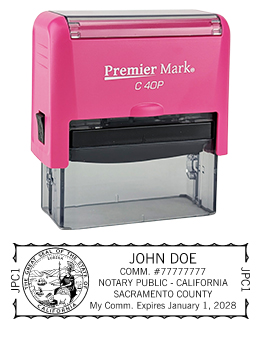 California Pink Notary Rubber Stamp - Complies to California notary requirements. Premium Quality and thousands of initial impressions. Quick Production!