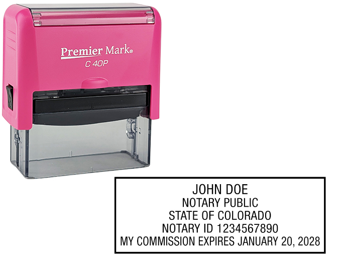 Colorado Pink Notary Rubber Stamp - Complies to Colorado notary requirements. Pink Stamp Frame. Premium Quality and thousands of initial impressions. Quick Production!