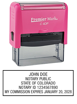 Colorado Pink Notary Rubber Stamp - Complies to Colorado notary requirements. Pink Stamp Frame. Premium Quality and thousands of initial impressions. Quick Production!