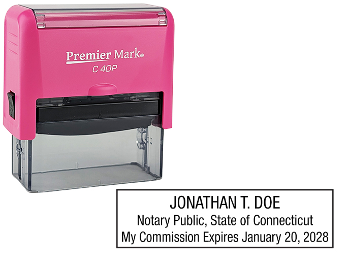 Connecticut Pink Notary Rubber Stamp - Complies to Connecticut notary requirements. Pink Stamp Frame. Premium Quality and thousands of initial impressions. Quick Production!