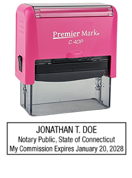 Connecticut Pink Notary Rubber Stamp - Complies to Connecticut notary requirements. Pink Stamp Frame. Premium Quality and thousands of initial impressions. Quick Production!