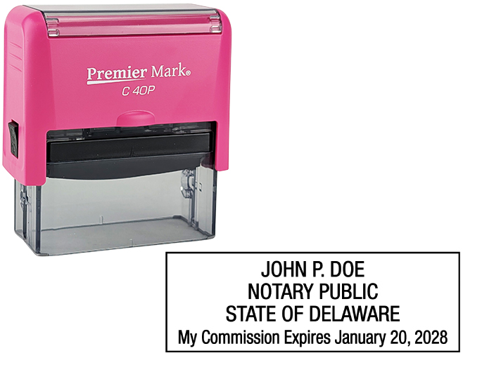 Delaware Pink Notary Rubber Stamp - Complies to Delaware notary requirements. Pink Stamp Frame. Premium Quality and thousands of initial impressions. Quick Production!