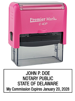 Delaware Pink Notary Rubber Stamp - Complies to Delaware notary requirements. Pink Stamp Frame. Premium Quality and thousands of initial impressions. Quick Production!