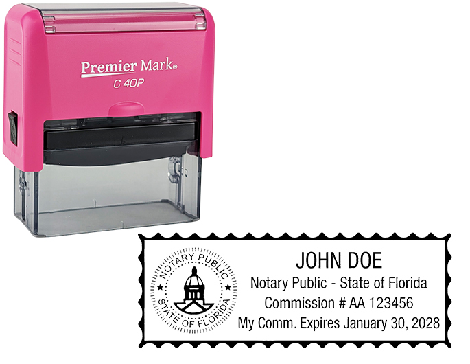 Florida Pink Notary Rubber Stamp - Complies to Florida notary requirements. Pink Stamp Frame. Premium Quality and thousands of initial impressions. Quick Production!