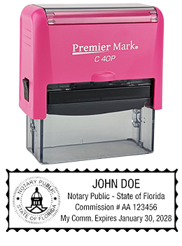 Florida Pink Notary Rubber Stamp - Complies to Florida notary requirements. Pink Stamp Frame. Premium Quality and thousands of initial impressions. Quick Production!