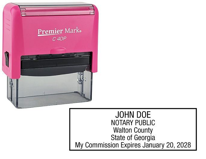 Georgia Pink Notary Rubber Stamp - Complies to Georgia notary requirements. Pink Stamp Frame. Premium Quality and thousands of initial impressions. Quick Production!