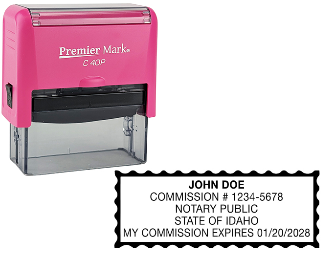 Idaho Pink Notary Rubber Stamp - Complies to Idaho notary requirements. Pink Stamp Frame. Premium Quality and thousands of initial impressions. Quick Production!