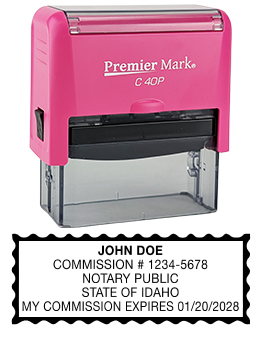 Idaho Pink Notary Rubber Stamp - Complies to Idaho notary requirements. Pink Stamp Frame. Premium Quality and thousands of initial impressions. Quick Production!