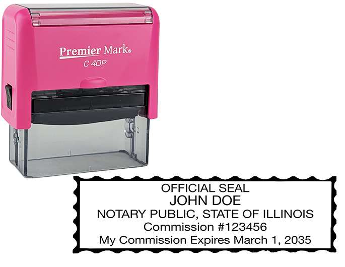 Illinois Pink Notary Rubber Stamp - Complies to Illinois notary requirements. Pink Stamp Frame. Premium Quality and thousands of initial impressions. Quick Production!