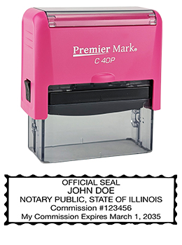 Illinois Pink Notary Rubber Stamp - Complies to Illinois notary requirements. Pink Stamp Frame. Premium Quality and thousands of initial impressions. Quick Production!