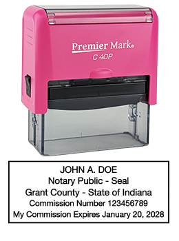 Indiana Pink Notary Rubber Stamp - Complies to Indiana notary requirements. Pink Stamp Frame. Premium Quality and thousands of initial impressions. Quick Production!