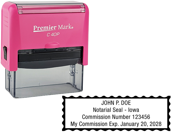 Iowa Pink Notary Rubber Stamp - Complies to Iowa notary requirements. Pink Stamp Frame. Premium Quality and thousands of initial impressions. Quick Production!