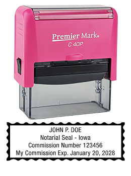 Iowa Pink Notary Rubber Stamp - Complies to Iowa notary requirements. Pink Stamp Frame. Premium Quality and thousands of initial impressions. Quick Production!