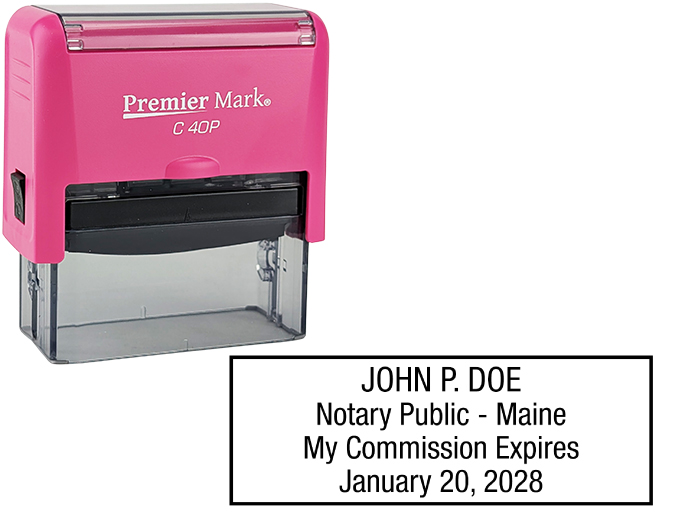 Maine Pink Notary Rubber Stamp - Complies to Maine notary requirements. Pink Stamp Frame. Premium Quality and thousands of initial impressions. Quick Production!