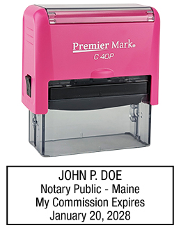 Maine Pink Notary Rubber Stamp - Complies to Maine notary requirements. Pink Stamp Frame. Premium Quality and thousands of initial impressions. Quick Production!
