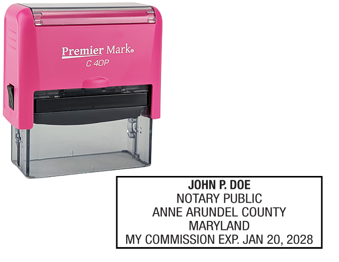 Maryland Pink Notary Rubber Stamp - Complies to Maryland notary requirements. Pink Stamp Frame. Premium Quality and thousands of initial impressions. Quick Production!