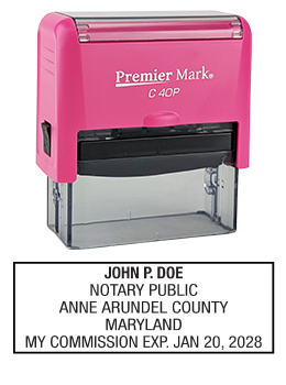 Maryland Pink Notary Rubber Stamp - Complies to Maryland notary requirements. Pink Stamp Frame. Premium Quality and thousands of initial impressions. Quick Production!