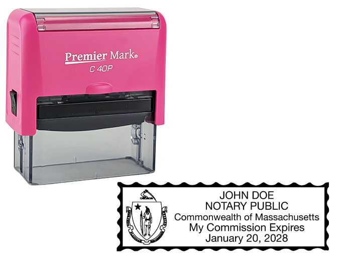 Massachusetts Pink Notary Rubber Stamp - Complies to Massachusetts notary requirements. Pink Stamp Frame. Premium Quality and thousands of initial impressions. Quick Production!