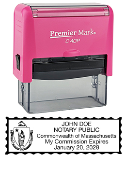 Massachusetts Pink Notary Rubber Stamp - Complies to Massachusetts notary requirements. Pink Stamp Frame. Premium Quality and thousands of initial impressions. Quick Production!