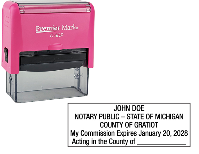 Michigan Pink Notary Rubber Stamp - Complies to Michigan notary requirements. Pink Stamp Frame. Premium Quality and thousands of initial impressions. Quick Production!