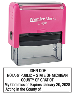 Michigan Pink Notary Rubber Stamp - Complies to Michigan notary requirements. Pink Stamp Frame. Premium Quality and thousands of initial impressions. Quick Production!