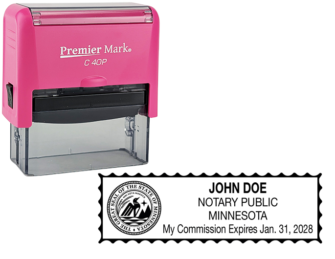 Minnesota Pink Notary Rubber Stamp - Complies to Minnesota notary requirements. Pink Stamp Frame. Premium Quality and thousands of initial impressions. Quick Production!