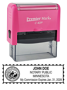 Minnesota Pink Notary Rubber Stamp - Complies to Minnesota notary requirements. Pink Stamp Frame. Premium Quality and thousands of initial impressions. Quick Production!